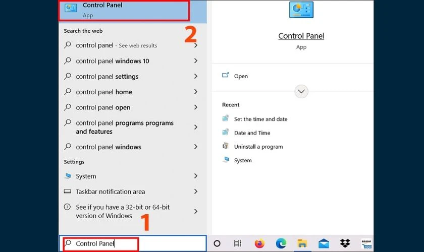 Nhập Control Panel vào thanh tìm kiếm bên dưới của taskbar