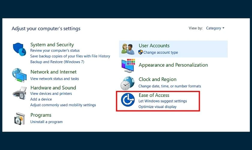 Nhấn chọn Ease of Access từ cửa sổ Control Panel vừa hiện lên