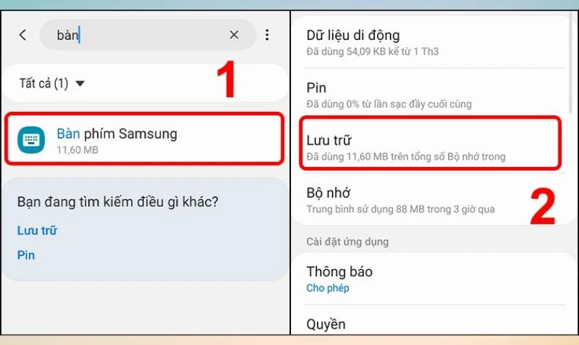 Tìm và chọn Bàn phím Samsung sau đó chọn Lưu trữ
