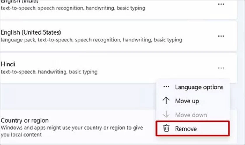 Chọn Vietnamese và nhấn vào Remove