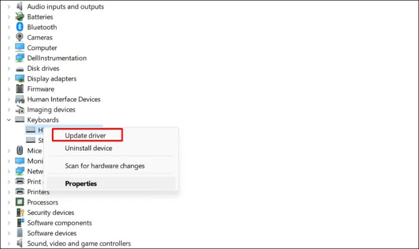 Ttìm mục Keyboards rồi nhấp chuột phải vào tên bàn phím và chọn Update Driver