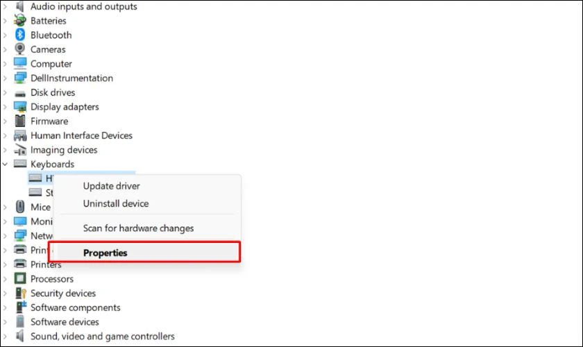 Bấm chuột phải vào HID Keyboard Device rồi chọn mục Properties