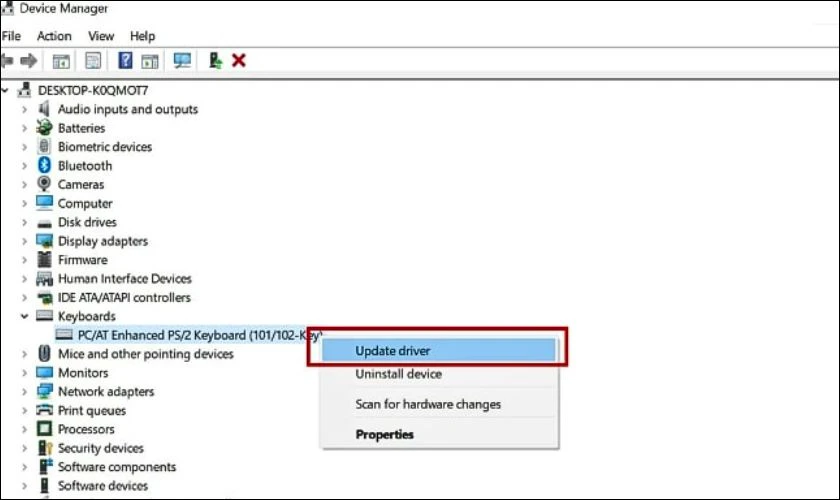 Tại Keyboards, bạn nhấn chuột phải và chọn Update Driver