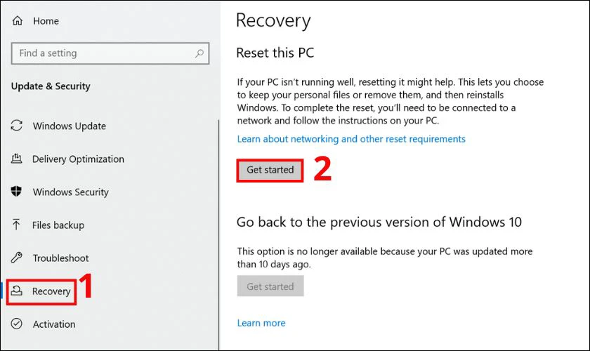 Tại mục Reset this PC, chọn Get started