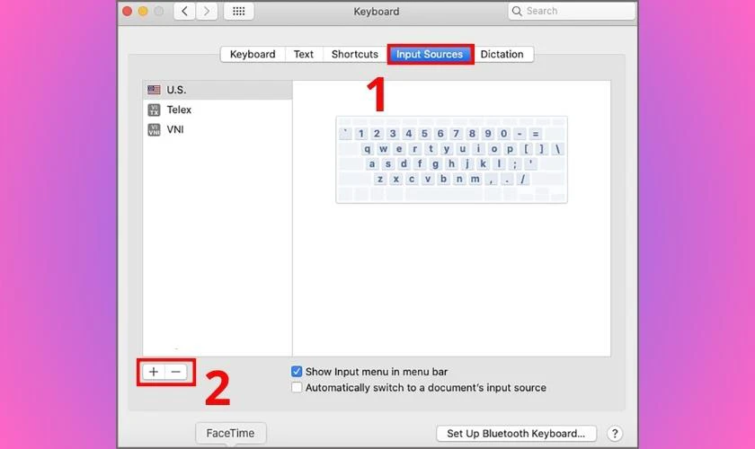 Nhấn vào mục Input Sources rồi bấm vào dấu cộng