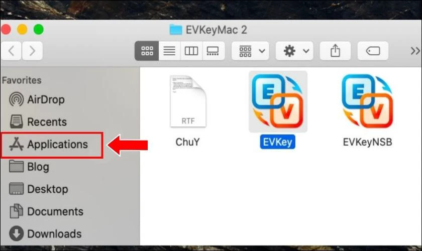 Giải nén rồi kéo thả phiên bản EVkey vào thư mục Applications