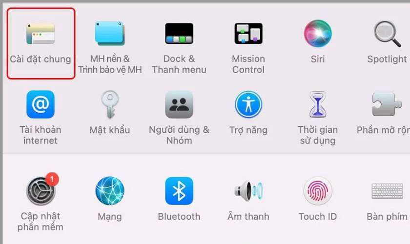 Lựa chọn vào Cài đặt Chung