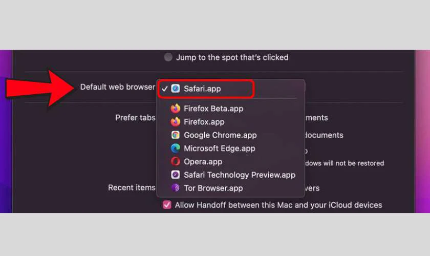 Tiếp tục tìm đến mục Default web browser và chọn Safari