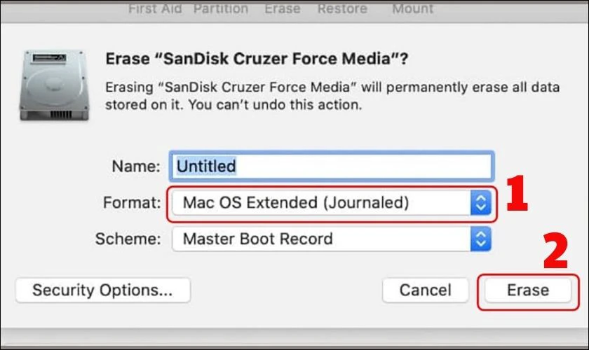 Màn hình hiện ra hộp thoại xác nhận. Bạn chọn format là Mac OS Extended (Journaled). Kế đó, hãy nhấn nút Erase