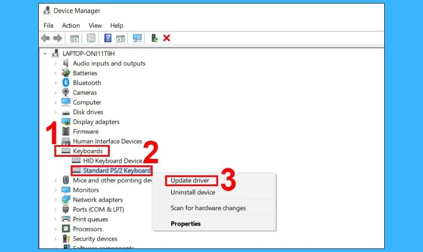 Chọn Update Driver để cập nhật Driver mới cho bàn phím máy tính