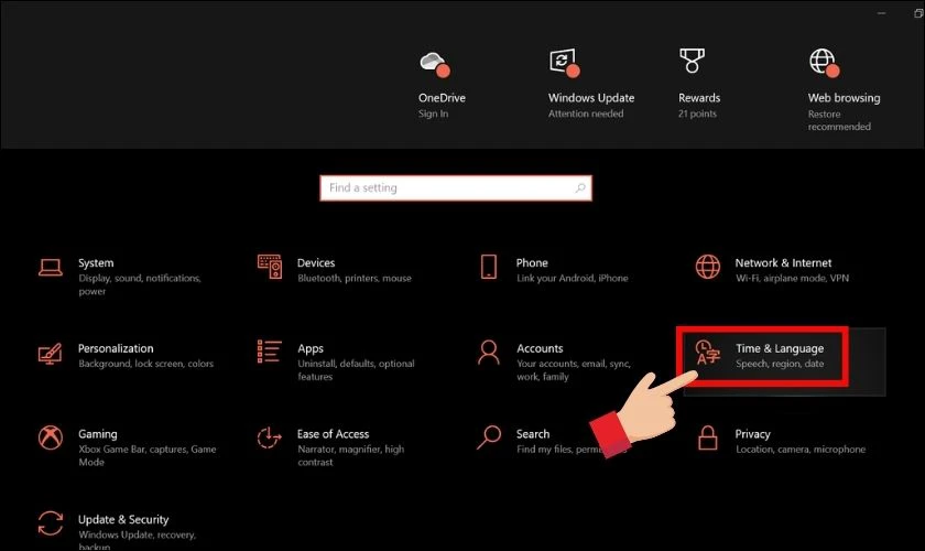 Tìm và click vào Time & Language trong cửa sổ Settings