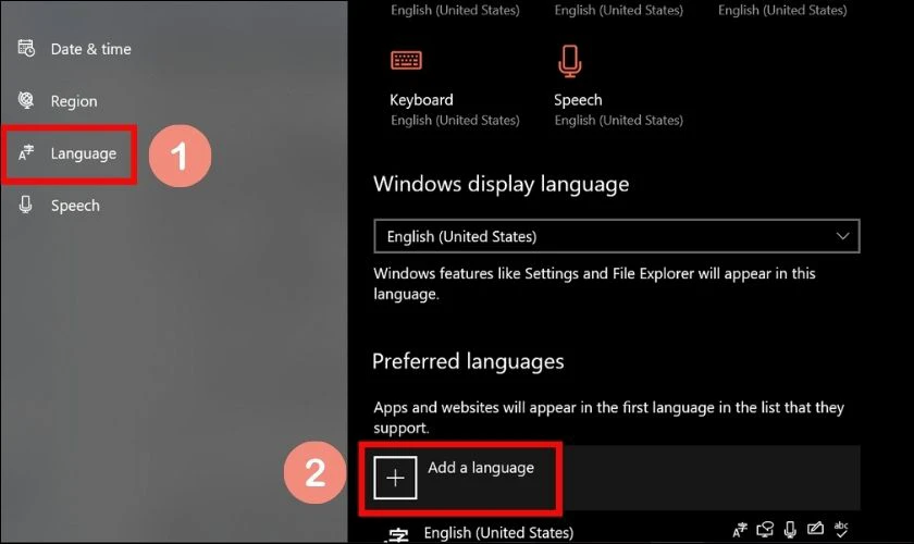 Chọn Add a language để thêm ngôn ngữ vào máy tính Windows 10