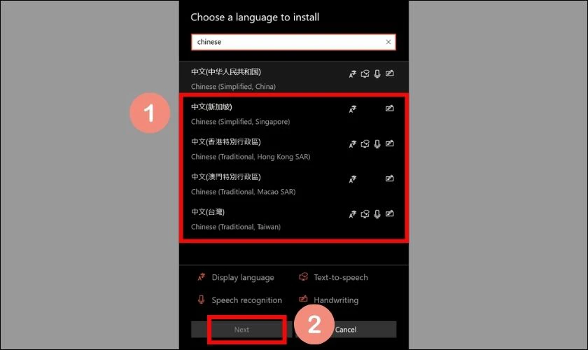Chọn tiếng Trung phù hợp với mình và nhấn Next để tiếp tục