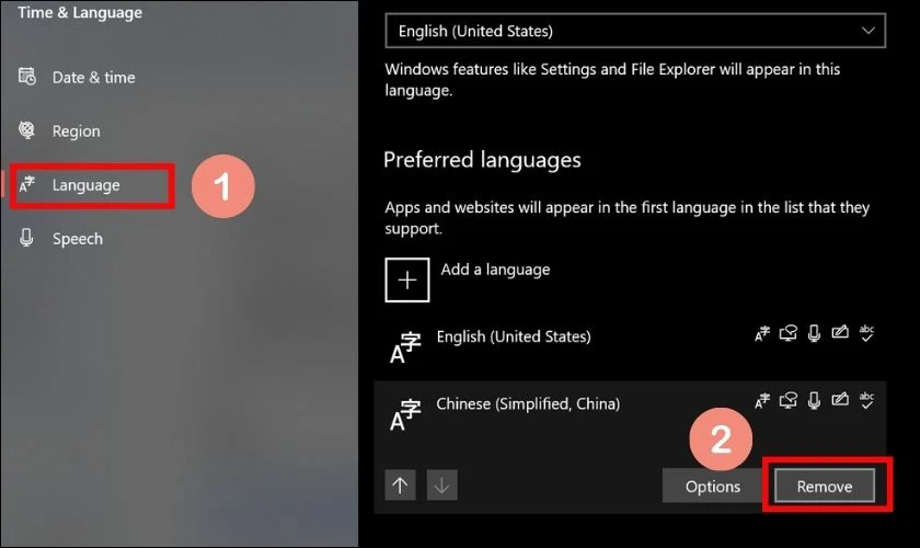 Chọn ngôn ngữ bạn muốn xóa rồi click vào ô Remove