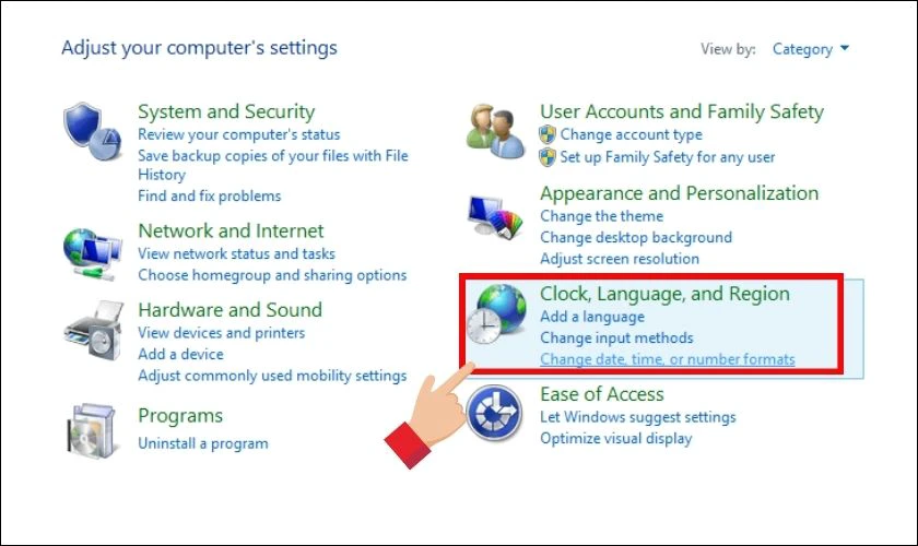 Chọn Clock, Language, and Region trong cửa sổ Control Panel