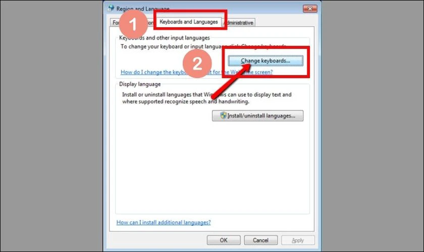 Click vào Change keyboards để đổi bàn phím máy tính sang tiếng Trung