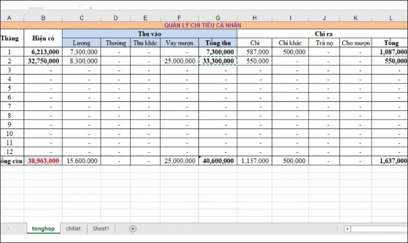 Bảng chi tiêu cá nhân Excel mẫu tham khảo