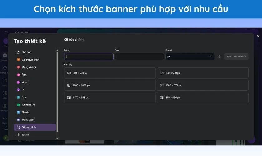Truy cập Canva và chọn kích thước banner