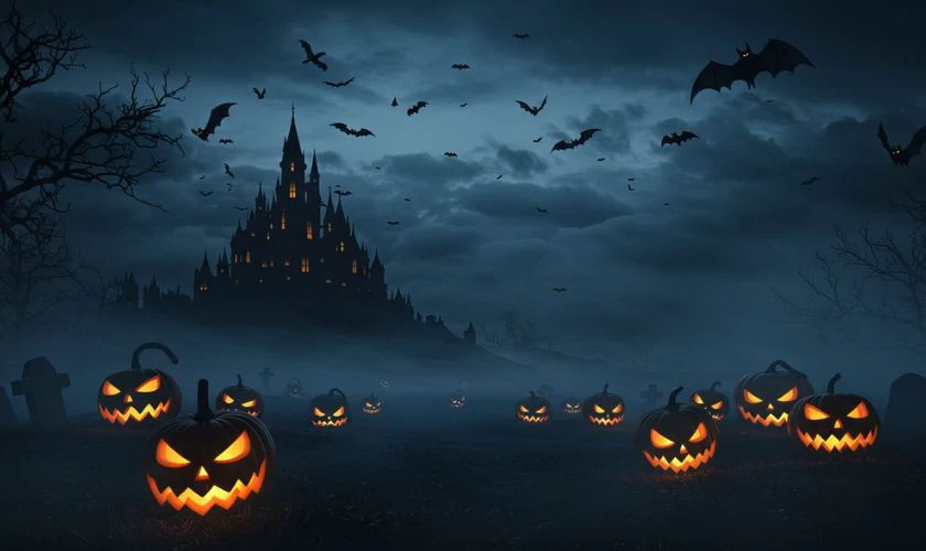 Banner Halloween chủ đề kinh dị với bí ngô