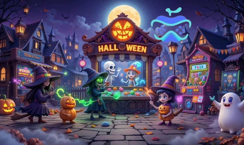 Banner ngày lễ hội hóa trang chủ đề kẹo ngọt