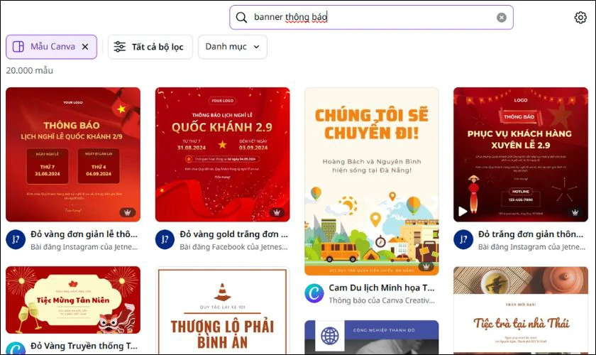 Mở canva, trên thanh tìm kiếm nhấn “banner thông báo”, chọn mẫu banner bạn thích
