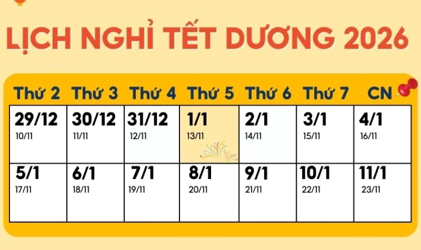 Banner thông báo nghỉ tết Dương lịch 2026 tone màu vàng đẹp