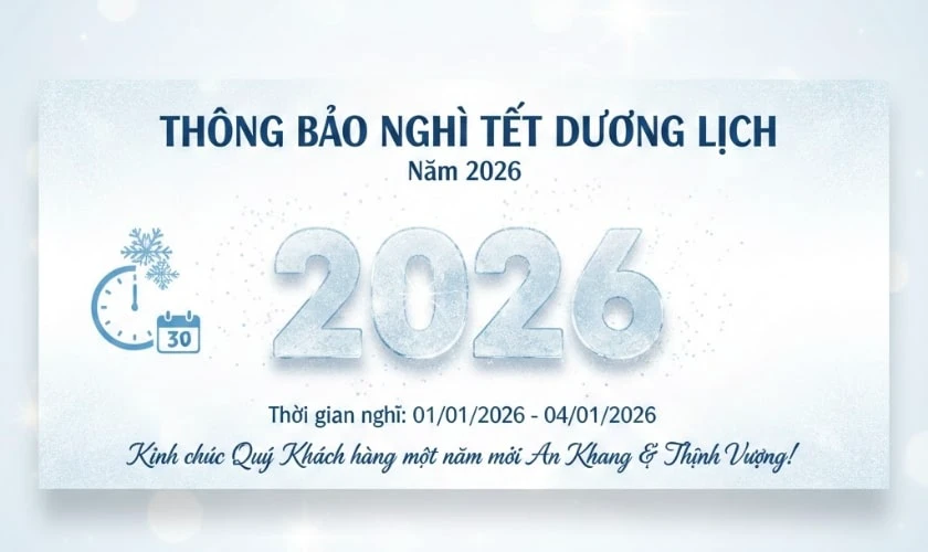 Banner thông báo nghỉ tết Dương lịch 2026 tone màu trắng mẫu