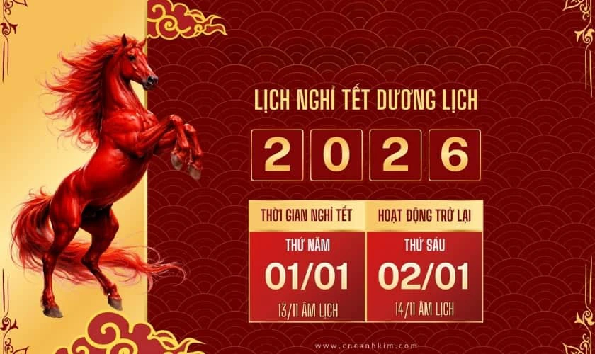 Banner thông báo nghỉ tết Dương lịch 2026 chủ đề năm Bính Ngọ