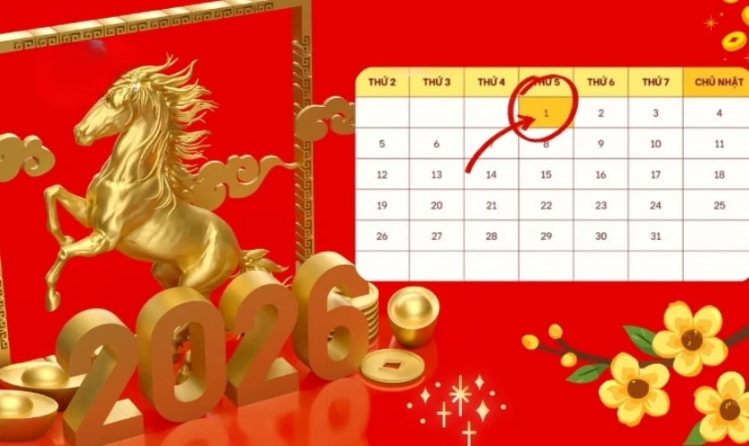 Banner thông báo nghỉ tết Dương lịch 2026 chủ đề năm Bính Ngọ ấn tượng