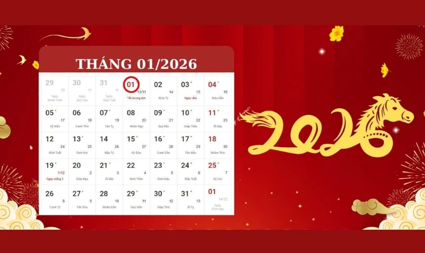 Banner thông báo nghỉ tết Dương lịch 2026 chủ đề năm Bính Ngọ đơn giản