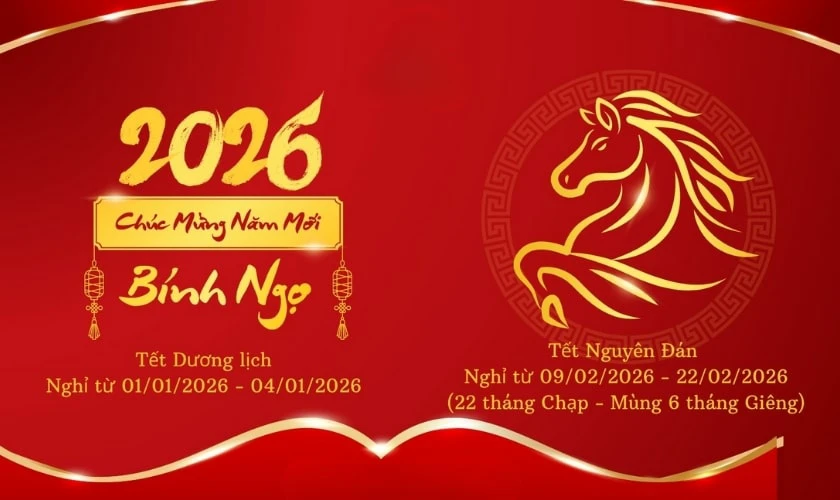 Banner thông báo nghỉ tết Dương lịch 2026 chủ đề năm Bính Ngọ nghệ thuật