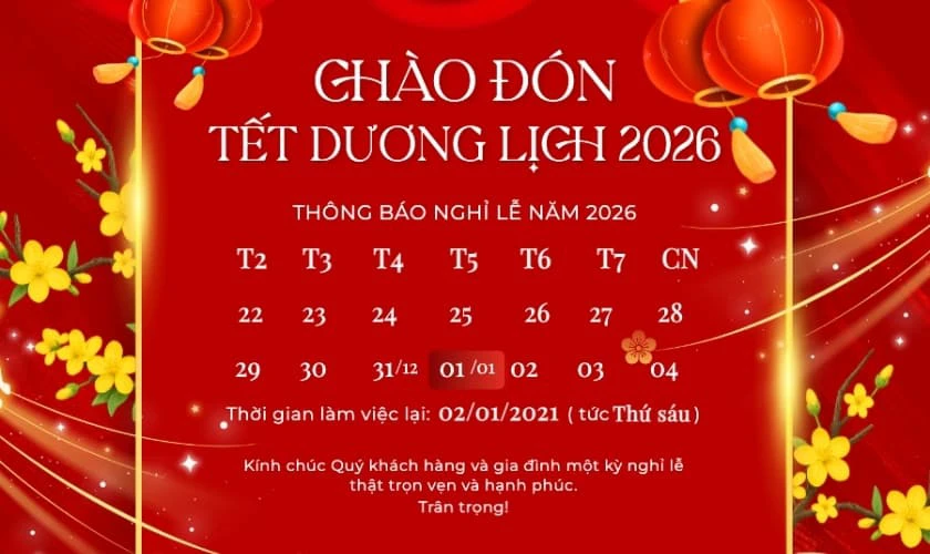 Banner thông báo nghỉ Tết Dương lịch 2026 ấn tượng