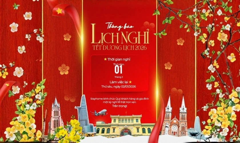 Banner thông báo nghỉ tết Dương lịch 2026 tone màu đỏ