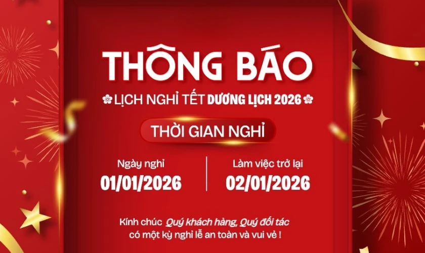 Banner thông báo nghỉ tết Dương lịch 2026 tone màu đỏ mới
