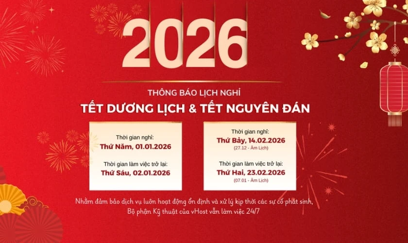 Banner thông báo nghỉ tết Dương lịch 2026 tone màu đỏ full HD
