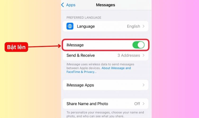 Bật iMessage bằng cách trượt sang phải
