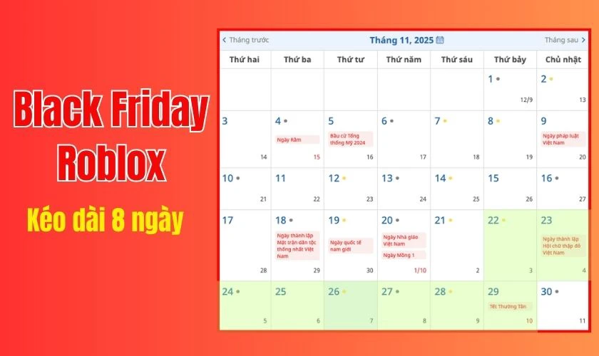 Black Friday Roblox 2025 diễn ra từ ngày 22/11 đến 29/11/2025