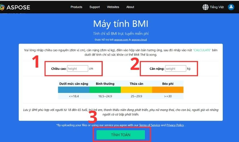 Cách tính chỉ số BMI với website ASPOSE