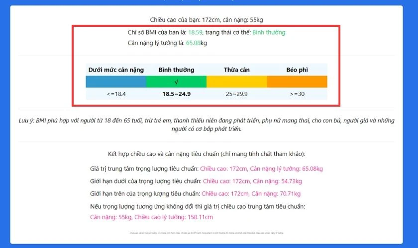 Website ngay lập tức hiển thị chỉ số BMI của bạn