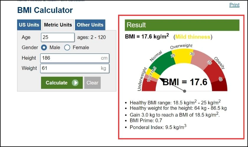 Kết quả lập tức hiển thị mức BMI của bạn