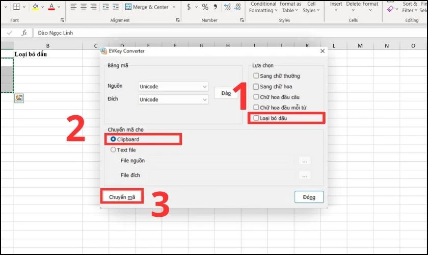 Các bước bỏ dấu tiếng Việt trong Excel với EVkey
