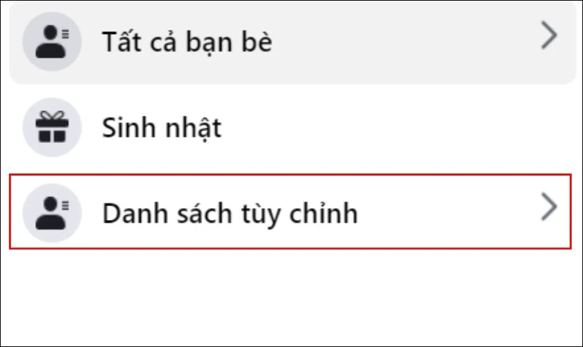 Chọn mục Danh sách tùy chỉnh