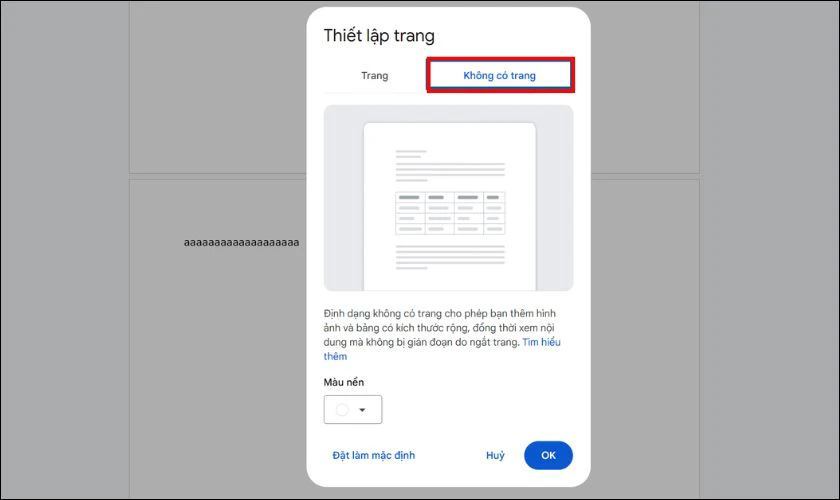 Trong cửa sổ thiết lập, chuyển sang tab Không có trang, nhấn OK