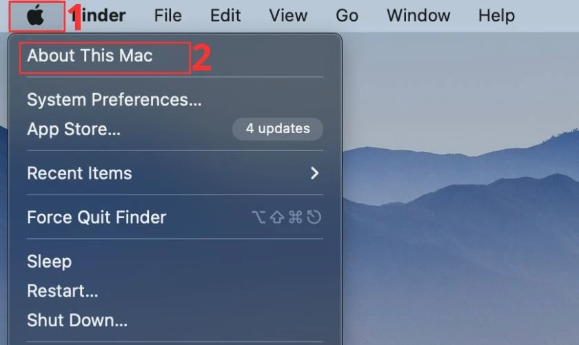 Nhấp chọn vào About This Mac trong biểu tượng Apple bên góc trái màn hình