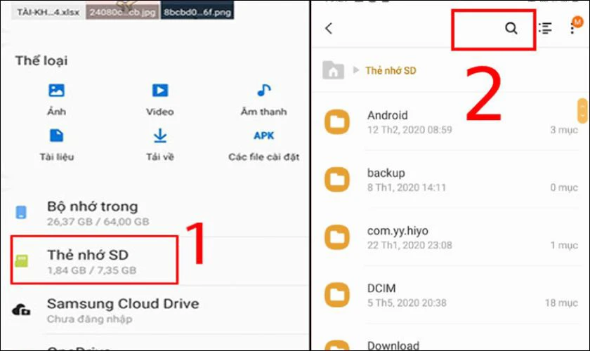 Truy cập vào mục Quản lý File (File của bạn) và chọn vào bộ nhớ trong/thẻ nhớ SD