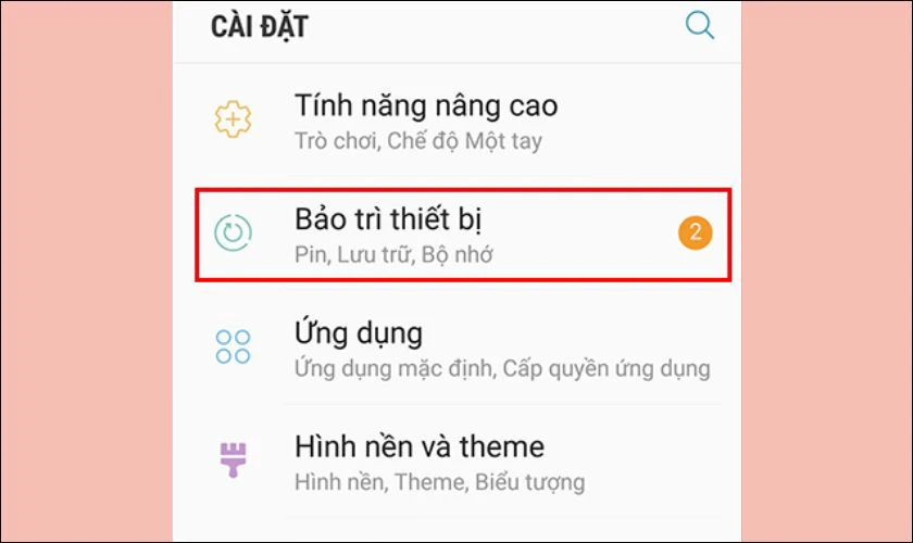 Tìm và chọn vào mục Bảo trì thiết bị