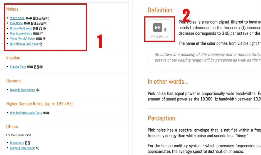 Truy cập website chia sẻ âm thanh burn in trực tuyến và chọn Pink noise