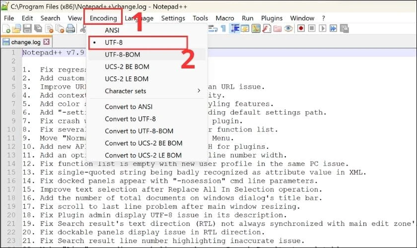 Khởi động Notepad++ và chọn Encoding