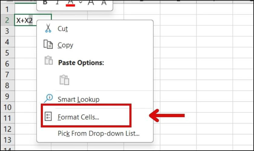 Viết số mũ trong Excel bằng cách sử dụng phím tắt 