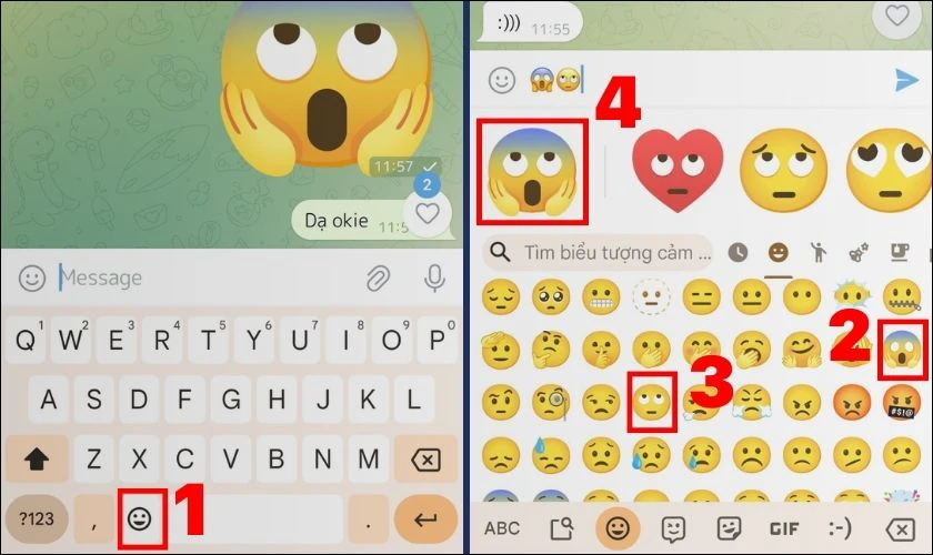 Chọn biểu tượng cảm xúc, chọn icon muốn kết hợp và nhấn emoji mới để gửi đi